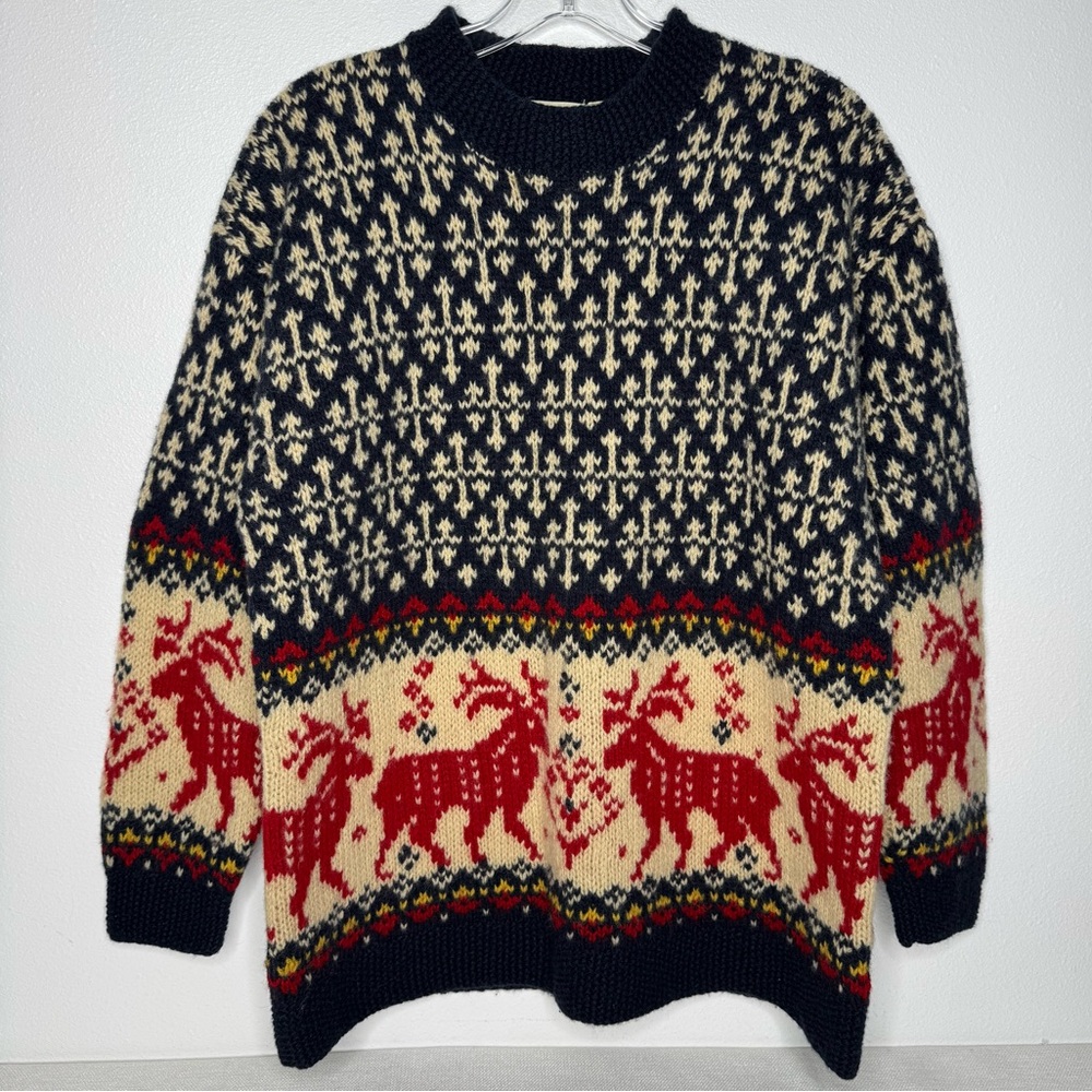 Vintage 90's Eddie Bauer 100% wool nordic fair isle deer mock neck sweater M